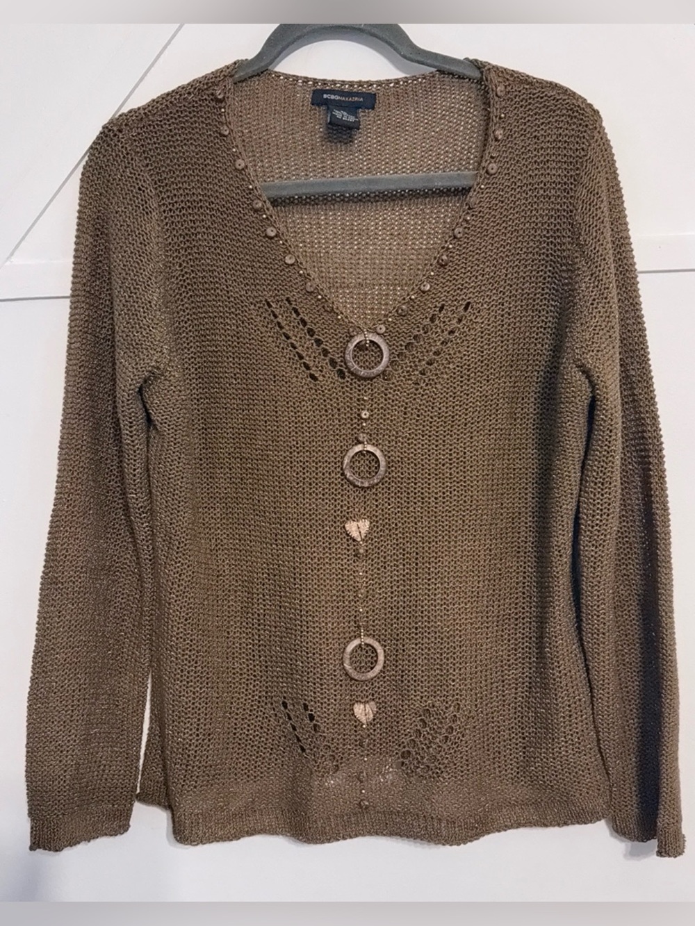 BCBGMaxAzria Brown V-Neck Knit Sweater with Ring & Heart Accents vintage